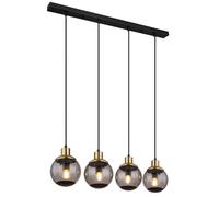 Lampe à suspension en verre lampe à suspension moderne en verre fumé noir, 4 flammes métal boules de verre laiton rétro, 4x douilles E27, LxPxH 75x15x110cm