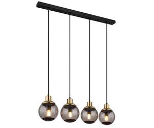 Lampe à suspension en verre lampe à suspension moderne en verre fumé noir, 4 flammes métal boules de verre laiton rétro, 4x douilles E27, LxPxH 75x15x110cm