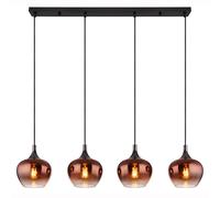 Lampe à suspension, lampe de salon, lampe de salle à manger, lampe de cuisine, plafonnier, métal, verre, couleur cuivre, noir, 4 ampoules E27, H 120 cm