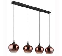 Lampe à suspension, lampe de salon, lampe de salle à manger, lampe de cuisine, plafonnier, métal, verre, couleur cuivre, noir, 4 ampoules E27, H 120 cm