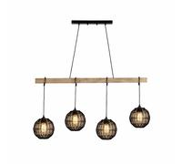 Lampe à suspension, lampe de salon, lampe de table à manger, lampe de cuisine, métal noir, bois couleur naturel, réglable en hauteur, 4 ampoules E27, H 140 cm