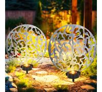 Lampe solaire à brancher, lampe solaire, ronde, lampe d'extérieur, décoration de jardin, piquet de sol, effet lumineux, métal argenté antique, 2x LED blanc chaud, LxlxH 30x10x41 cm, lot de 2