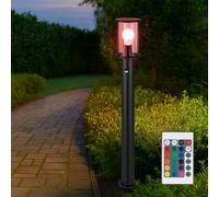 Lampe de chemin Télécommande Lampadaire dimmable Lampe d'extérieur en acier inoxydable Détecteur de mouvement, noir Verre fumé, 1x RGB LED 4W 470Lm blanc chaud, DxH : 14,3x100cm