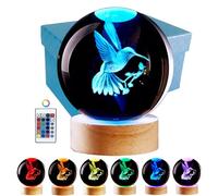Lampe boule de cristal 3D en forme de colibri, veilleuse LED 3D réaliste, 16 couleurs changeantes, télécommande à intensité variable, lampe de bureau en forme de colibri (oiseau)