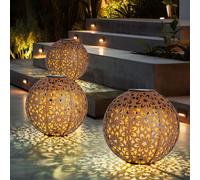 Lampe solaire d'extérieur, boule solaire décoration jardin, lampe solaire rouille, piquet de sol, poinçonnage décoratif floral, métal, LED blanc chaud, D 20 cm, lot de 3