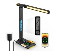 Lampe De Bureau Avec Chargeur Sans Fil & Port USB, Horloge, 2 Veilleuses | Réveil, Heure, Calendrier, Température Fonction, 5 Niveaux de Luminosité & 5 Couleurs, pour Travail Lecture études Chevet