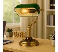 Lampe de bureau Lampe de table laiton ancien Verre vert Lampe de lecture, abat-jour orientable, interrupteur à tirette, 1x douille E27, LxH 26,5x36 cm