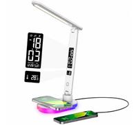 Lampe de Bureau LED avec Chargeur Sans Fil 10W,Horloge et Port USB | Double Charge 10W Sans Fil & USB, Lumière RGB, 3 Températures, 5 Niveaux de Luminosité,Heure,Réveil Snooze & Design Pliable