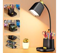 Lampe de bureau LED pour dortoir, 2 ports USB, essentiels de dortoir, petite lampe de table pour bureau à domicile, dortoir, lampe de bureau col de cygne avec boîte de rangement pour étude, lecture