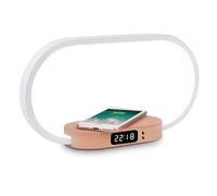 Lampe de Chevet avec Chargeur Induction à 10W, lumiosité réglable, 1 Port USB pour la Charge, Affichage l'heure, en alu et Bois