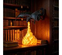 Lampe de coin de bibliothèque avec motif dragon noir crachant de feu en 3D | Sculpture Flying Fantasy - Détail de flamme rouge - Envergure - 24,51 x 18 cm - Décoration de bibliothèque à la maison