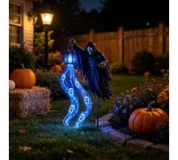 Lampe de jardin animée Halloween Soul Harvester avec fantôme lumineux bleu | Tête de mort bleue lumineuse, résistante aux intempéries, sculpture de faucheuse à capuche effrayante, installation facile