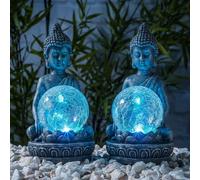 Lampe solaire à LED Figure de Bouddha avec boule de verre craquelée Décoration de jardin Lampe extérieure Bouddha, changement de couleur, 1x LED blanc chaud, H 19,5 cm, lot de 2