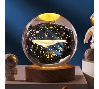 Lampe de Nuit à Boule de Cristal avec Projection Planétaire en 3D, Boule de Cristal avec Base en Bois LED, Cadeau pour Noël, Thanksgiving, Anniversaire, Décoration de Chambre LED - Alimentation USB