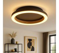 Plafonnier LED imitation bois Lampe de salon noire Plafonnier moderne, aluminium métal, 12W 490Lm blanc chaud, DxH 20,5x5,1 cm