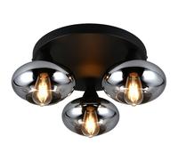 Lampe de plafond verre fumé filament dimmable lampe de salon plafonnier rond boule de verre, métal noir, 3x 4W 470Lm blanc chaud, DxH 39x15 cm