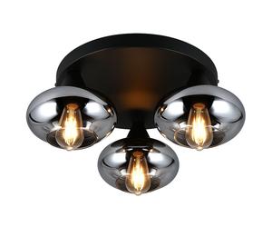 Lampe de plafond verre fumé filament dimmable lampe de salon plafonnier rond boule de verre, métal noir, 3x 4W 470Lm blanc chaud, DxH 39x15 cm