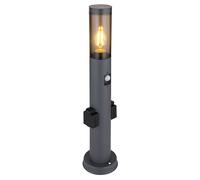 Lampe de socle LED avec prise de courant et détecteur de mouvement Colonne de prise de courant jardin avec lumière, acier inoxydable anthracite, plastique fumé, 1x E27 filament LED blanc chaud, DxH 7,