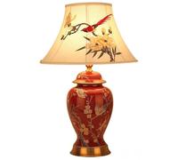Lampe de Table en céramique Rouge en Porcelaine Chinoise, Pot de Gingembre, Lampe de Table brodée avec Abat-Jour en Forme de Fleur d'oiseau, Lampe de Chevet de Ferme Vintage pour Table de Nuit,