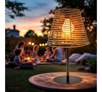 Lampe de table solaire aspect rotin avec ampoule LED - 33 x 20 cm - Lampe de jardin lumineuse blanc chaud - Lampe de table décorative lampe solaire pour jardin, balcon, terrasse