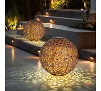 Lampe solaire d'extérieur, boule, décoration de jardin solaire, lampe solaire, rouille, piquet, poinçonnage décoratif floral, métal, LED blanc chaud, D 20 cm, lot de 2