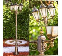 Lampe d'extérieur Hongkong Frost, candélabre en look antique, fonte d'aluminium en brun/or, vitres en verre dépoli, lampe d'allée, réglable en hauteur, lampe de jardin rétro, E27, IP44, sans ampoules