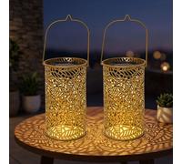 Lampe solaire à LED Effet de lumière Lanterne solaire Motif de feuilles Lampe de jardin solaire, métal doré, LED blanc chaud, DxH 10x18 cm, lot de 2