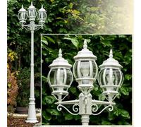 Lampe d'extérieur Lentua, candélabre en look antique, métal en blanc avec disques en plastique, lampe d'allée à 3 branches 215 cm, lampe de jardin rétro/vintage, douille E27, IP44, sans ampoules