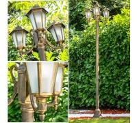 Lampe d'extérieur NATAL FROST, candélabre en look antique, fonte d'aluminium en noir/or avec vitres en verre dépoli, lampe d'allée à 3 branches 210 cm, E27, lampe de jardin rétro, IP44, sans ampoules