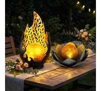 Lampe solaire flamme design extérieur fleur solaire extérieur fleur de lotus verre craquelé solaire, gris, ampoules LED, 1x fleur de lotus 1x design flamme, lot de 2