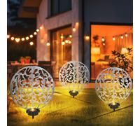 Lampe solaire à brancher, lampe solaire ronde, lampe d'extérieur, décoration de jardin, piquet de terre, effet lumineux, métal argenté antique, 2x LED blanc chaud, LxlxH 30x10x41 cm, lot de 3