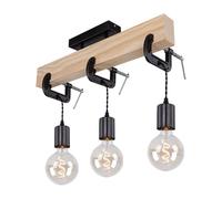 Lampe en bois plafonnier 3 flammes salle à manger lampe salon, bois métal coloris naturel noir, 3x douilles E27, HxLxP 39x60x14 cm
