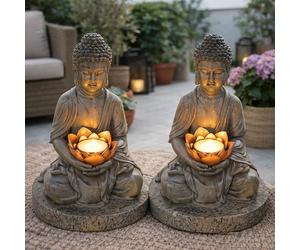 Lampe Extérieure Lampe Solaire Jardin 2er Set Bouddha Figurine Gris Batterie LED