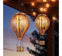 Lampe solaire Décoration de jardin LED Lampe solaire Ballon à air chaud Effet de feu Lampe d'extérieur Lampe à suspendre Lampe de terrasse, poinçons de décoration, brun cuivre, DxH 14 x 46 cm, 2 pièce