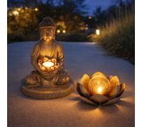 Lampe Extérieure Solaire Décorative Jardin Lotus Gris Verre Bouddha LED 2x