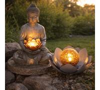 Lampe solaire Bouddha Feng Shui extérieur fleur solaire extérieur fleur de lotus solaire verre craquelé, gris, ampoules LED, 1x lotus 1x bouddha, lot de 2