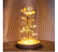 Lampe Fleur Rose - La Belle et la Bête - Rose Éternelle - Verre et Bois - Lumière Blanche Chaude - 11,4 cm