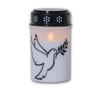 Lampe funéraire LED "colombe", hauteur 12cm, pile et minuterie, scintillante, blanc chaud, pour usage intérieur et extérieur