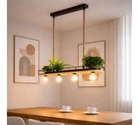Lampe LED à suspendre en bois Salon Suspension avec corde de chanvre, plaque cadre métallique noir, 4x 7W 630lm blanc chaud, LxH 95x120 cm