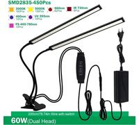 Lampe LED pour plantes - Lampe à pince - 60 W à double tête - Spectre complet - Minuterie 3/9/12 h - Intensité variable - Prise UE - 110–240 V