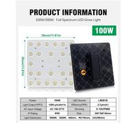 Lampe LED pour plantes - Panneau carré de 100 W - Intensité réglable à l'aide d'un bouton rotatif - 110–240 V CA - Prise européenne - Boîtier en aluminium - ROHS - Installation autonome - Bleu
