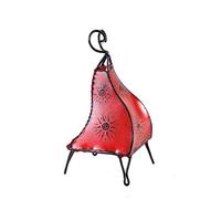 Lampe luminaire orientale marocaine, abat-jour lampadaire de table ou chevet en métal et cuir Henné et différentes couleurs -Mellah soleil- 40 cm (rouge)
