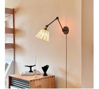 Lampe murale “Raul” bras extensible, abat-jour rotin style rustique, pliable, bras oscillant long, douille E27