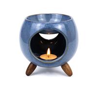 Lampe parfumée pour huiles essentielles, diffuseur d'arômes en céramique avec 3 pieds en bois, brûleur à huile pour aromathérapie et parfum d'ambiance, bleu