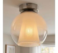Plafonnier LED chromé pour salon, boule en verre opale, H 19 cm