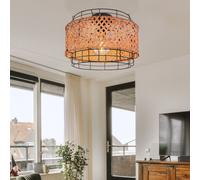 Plafonnier métal noir rond salle à manger cage lampe éclairage plafonnier avec abat-jour bambou, forme grille, 1x E27, DxH 35x24,5 cm