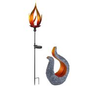 Lampe solaire à LED avec effet de feu, lampe d'extérieur, lampe d'extérieur, design flamme, aspect pierre-sculpture, blanc chaud, lot de 2
