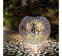 Lampe solaire à LED Décoration de jardin Lampe d'extérieur Lampe de terrasse argentée antique Lampe sphérique avec piquet de terre, découpes décoratives, métal, blanc chaud, DxH 28,5 x 40 cm