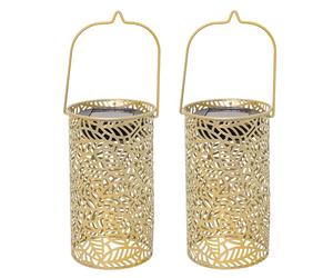 Lampe solaire à LED Effet de lumière Lanterne solaire Motif de feuilles Lampe de jardin solaire, métal doré, LED blanc chaud, DxH 10x18 cm, lot de 2
