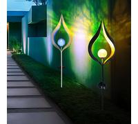 Lampe solaire d'extérieur bleu argent, décoration de jardin en bronze solaire, lampe solaire à flamme, verre craquelé en métal, LxlxH 17,5x6x90 cm, lot de 2